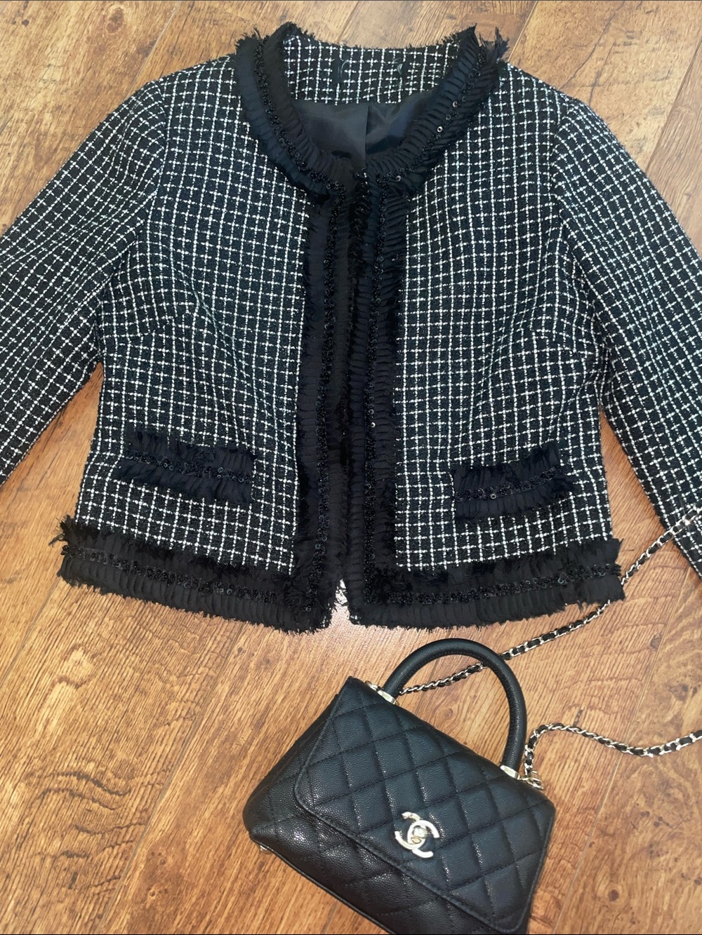 Tweed Jacket Blazer Chanel Style chic CC cropped sequin details